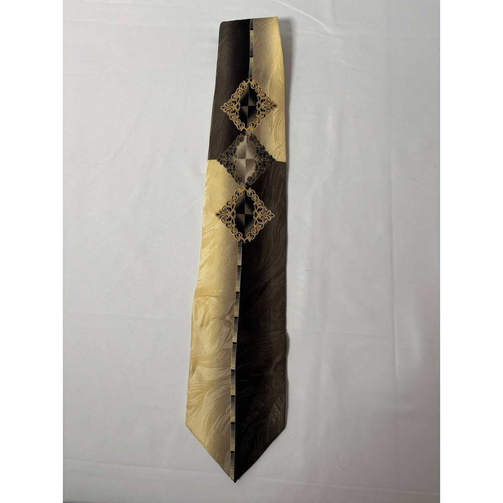 Ottimo Uomo Mens Silk Tie Brown Gold Geometric Diamond Jacquard Hand Made X-Long